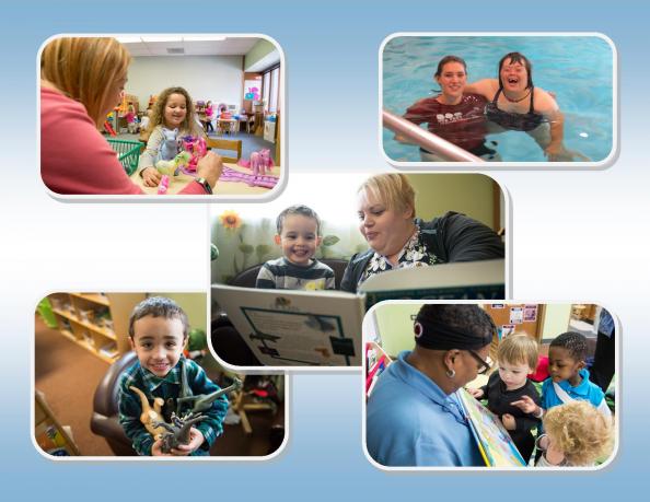 Image shows a collage of five pictures showcasing the work done at Schreiber. Image one is of a young girl using building blocks with a therapist. Image two is of a girl in aquatics therapy with her therapist. Image three is of a young boy being read to by a staff member. Image four is of a young boy showing off his dinosaur toys. Image five is of three small children being read to by a staff member.