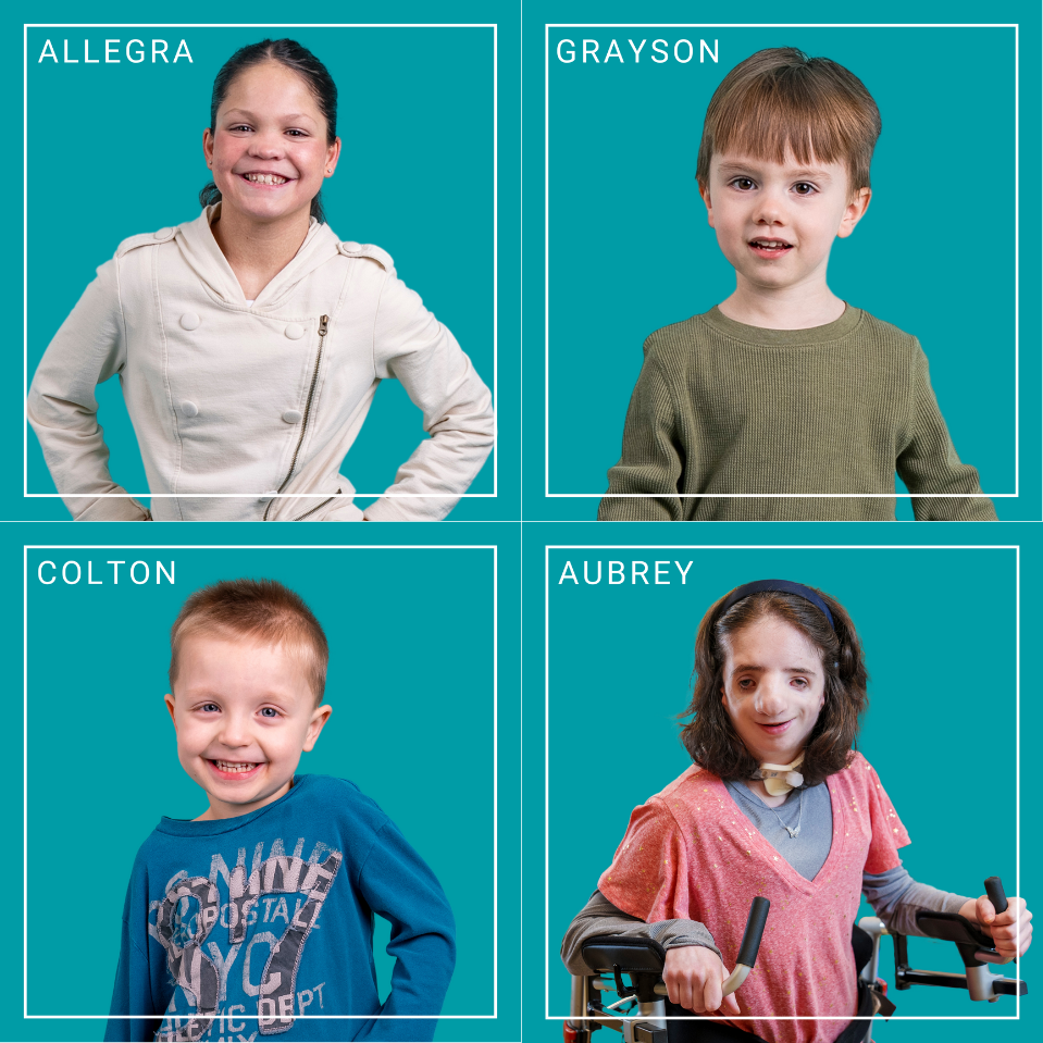 A four square of the 2024 Schreiber Ambassadors, Allegra, Grayson, Colton, and Aubrey on a teal blue background.