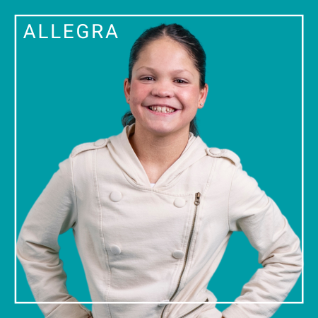 Allegra a 2024 Schreiber Ambassador with a teal background.