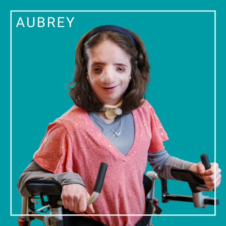 Aubrey a 2024 Schreiber Ambassador with a teal background.