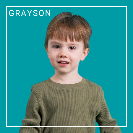 Grayson a 2024 Schreiber Ambassador with a teal background.