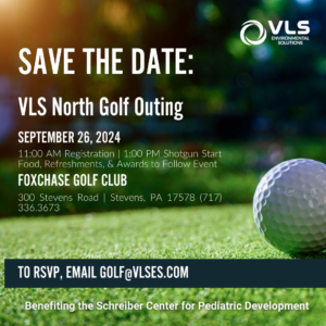 Golf ball on a golf course with text, "Save the Date: VLS North Golf Outing".